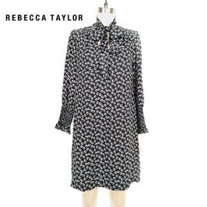 Rebecca Taylor Rue Silk Dress Black White Floral Tie Neck Smocked Cuffs Size 0